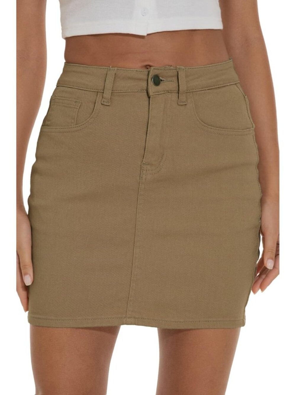 Women's Tan Stretch Slim High Waisted Classic 5-Pocket Design Denim Mini Skirts